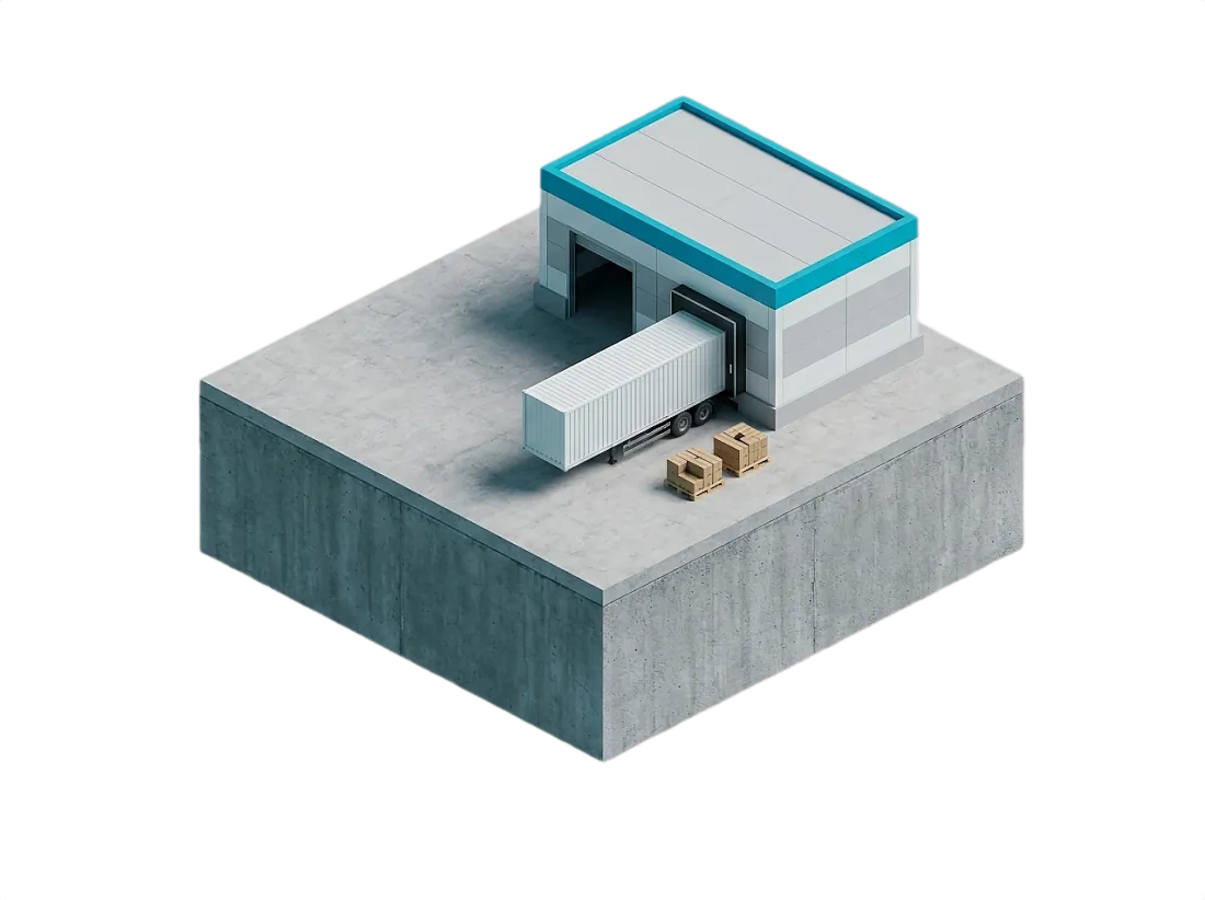 Bodega logística sobre un bloque de suelo recortado, vista en perspectiva isométrica.